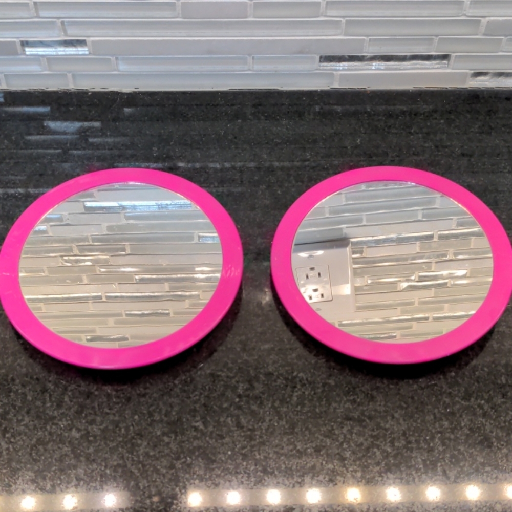 Set of 2 Round Pink Mirrors 6.25 inches diameter